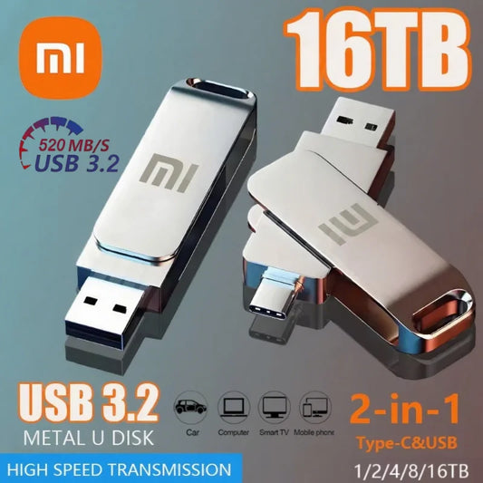 Xiaomi 16TB Flash Drive USB 3.2 High Speed Waterproof USB Transfer Type-C 2-In-1 8TB 16TB OTG Pendrive Flash Disk for Computer